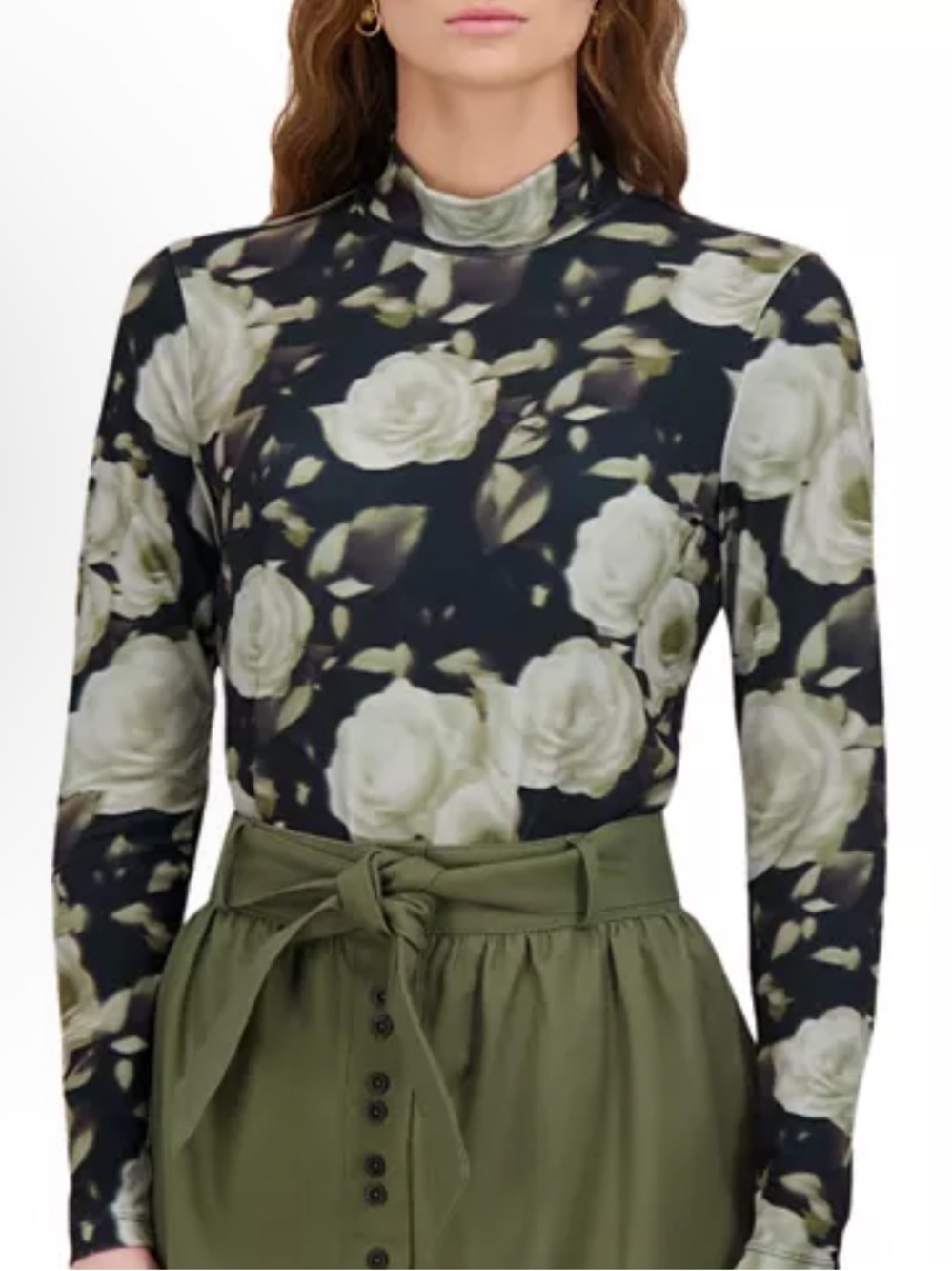 POINT Black Floral Long Sleeve Blouse with White Roses